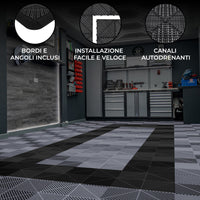 Piastrelle ventilate grigie e nere 6m x 6m per garage doppio e officine, antiscivolo.