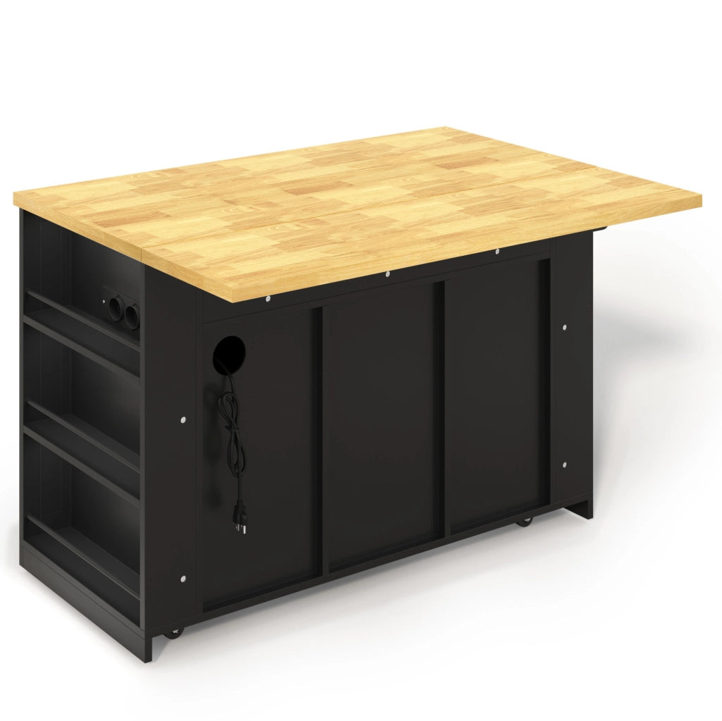 Isola da cucina mobile con piano ribaltabile, 3 cassetti, prese integrate e ripiani laterali, MDF