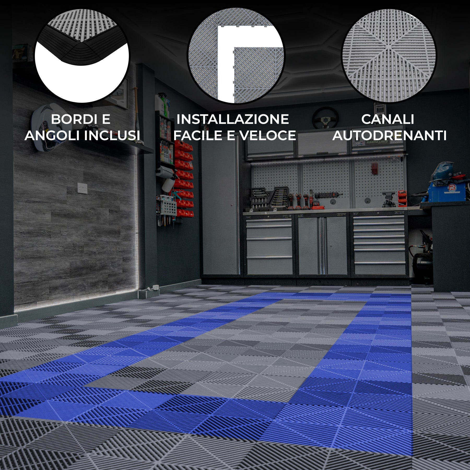 Piastrelle ventilate grigie e blu 6m x 6m per garage doppio e officine, antiscivolo.