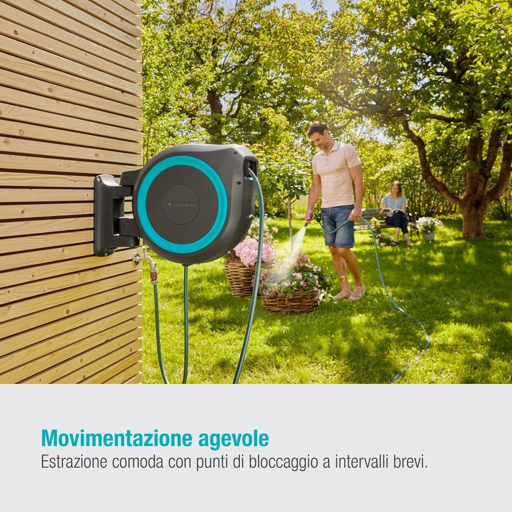 Avvolgitubo da Parete RollUp XL: incluso Tubo da Giardino da 35 m con Lancia e Raccordi, Avvolgimento Automatico, Ruotabile di 180 gradi, per Giardini di Grandi Dimensioni, Azzurro (18630-20)