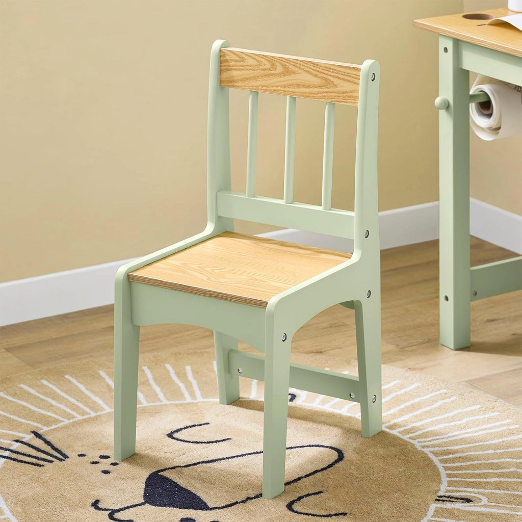 Tavolino Bambini con 1 Sedia, Set Tavolo e Sedie per Bambini Multiattività con 2 Ripiani, Tavolo Disegno e Gioco, Sedia Scrivania Cameretta Verde 80x50x66cm KMB60-GR