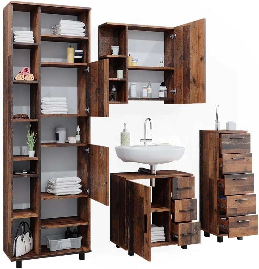Set di mobili da bagno Ilias, Rovere rustico, 60 cm, composto da mobile lavabo, pensile a specchio, colonna e base media