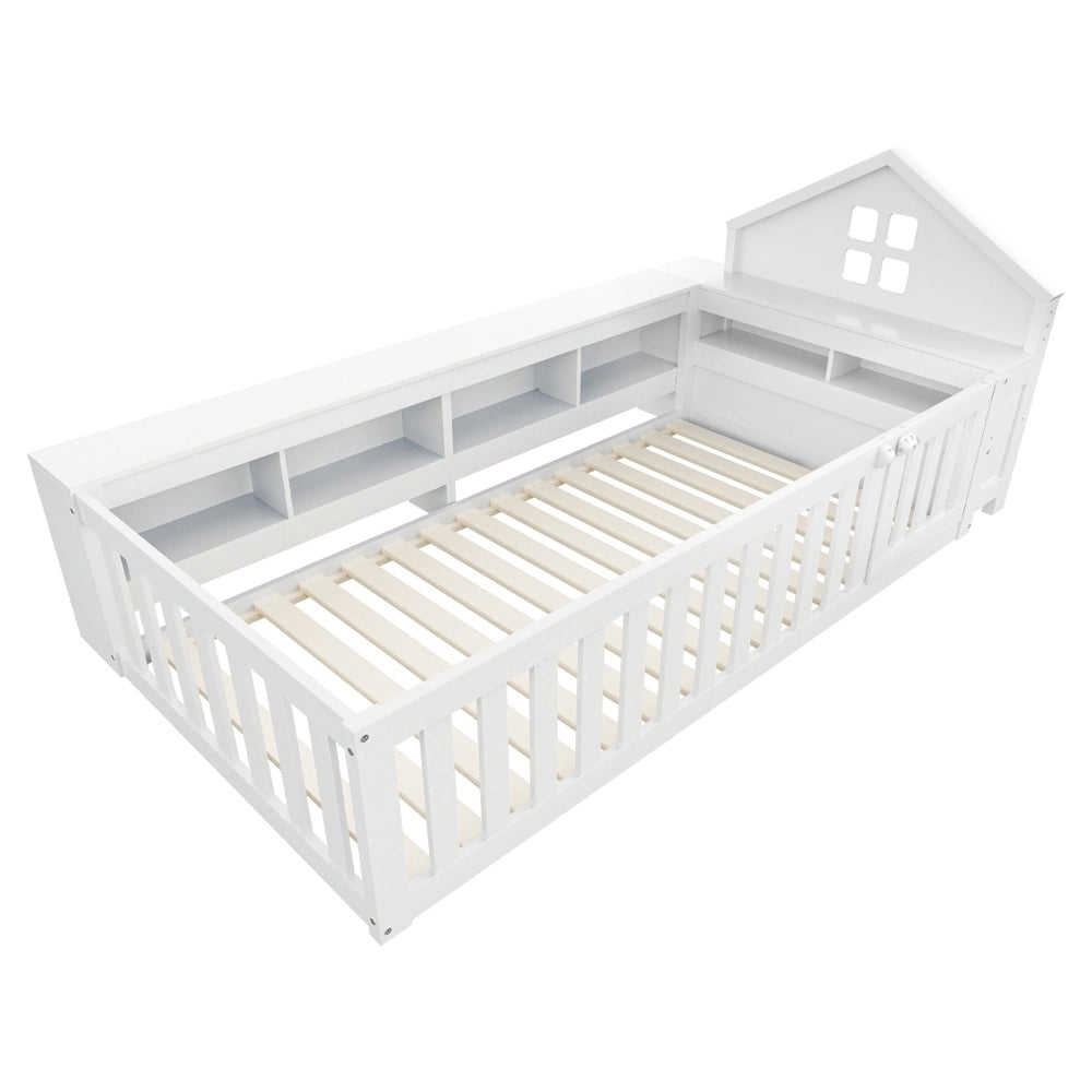 Letto bambino-Xylo-90x200 cm-finestra, contenitore, barriera, porta, sicurezza, bianco