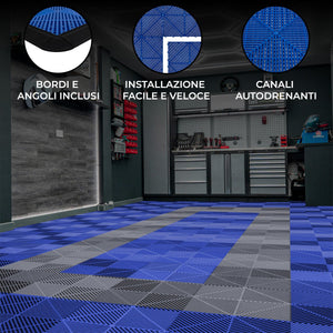 Piastrelle ventilate Blu e Grigie 3,2m x 6m per garage e officine, antiscivolo.