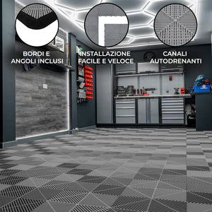 Piastrelle ventilate grigie 6m x 6m per garage doppio e officine, antiscivolo.