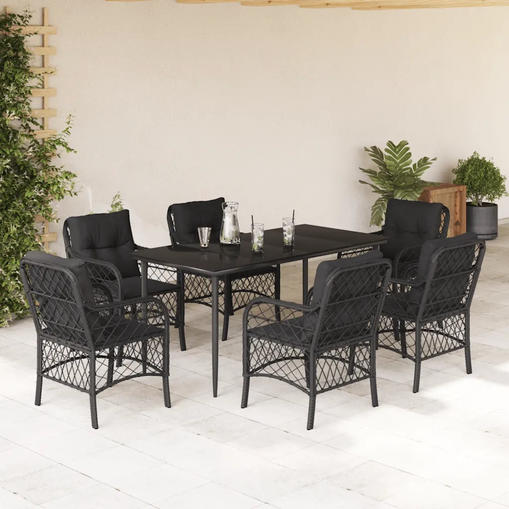 Set da Pranzo da Giardino 7 pz Nero con Cuscini in Polyrattan