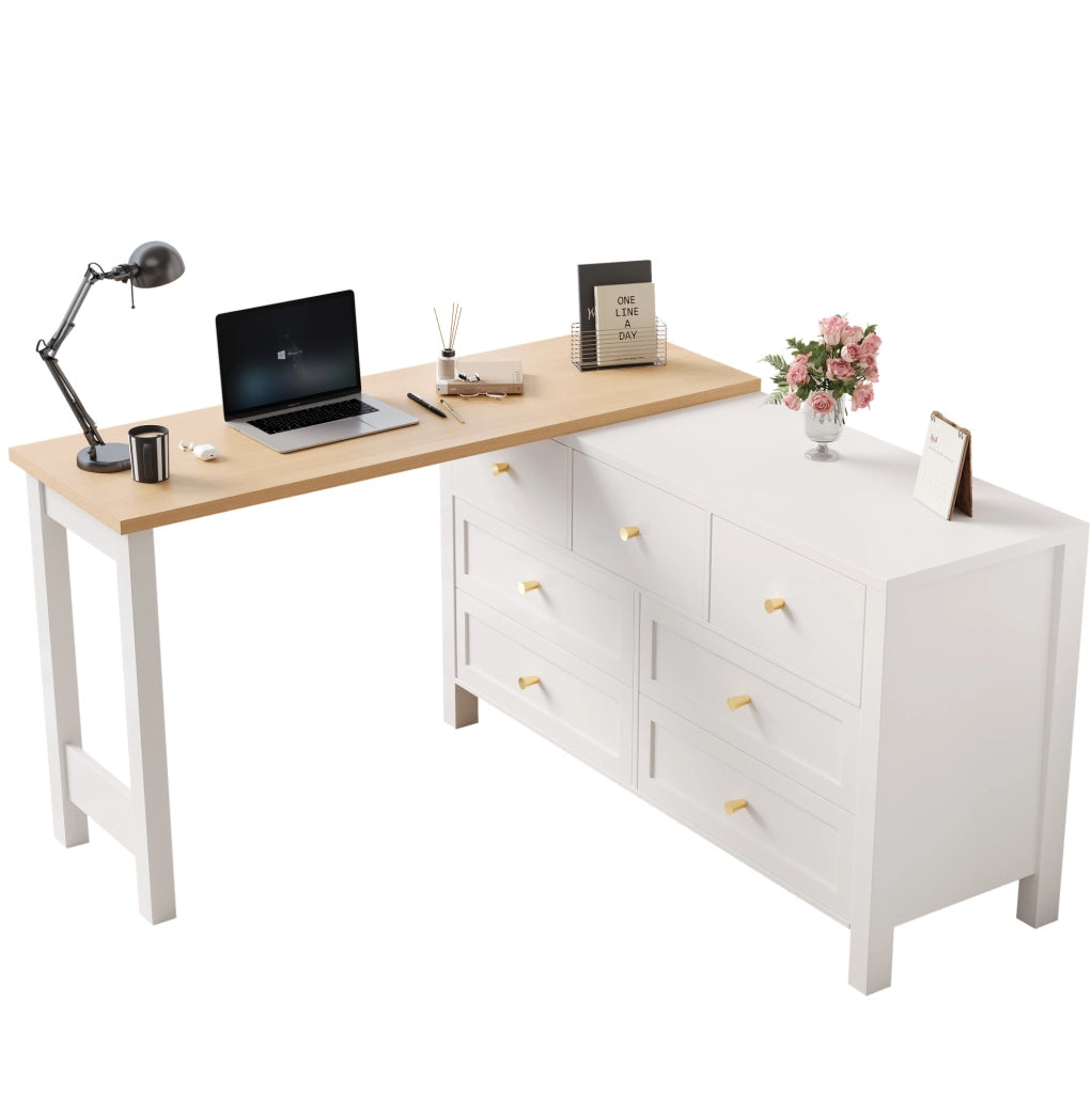 Scrivania girevole 360° con 7 cassetti, effetto rovere