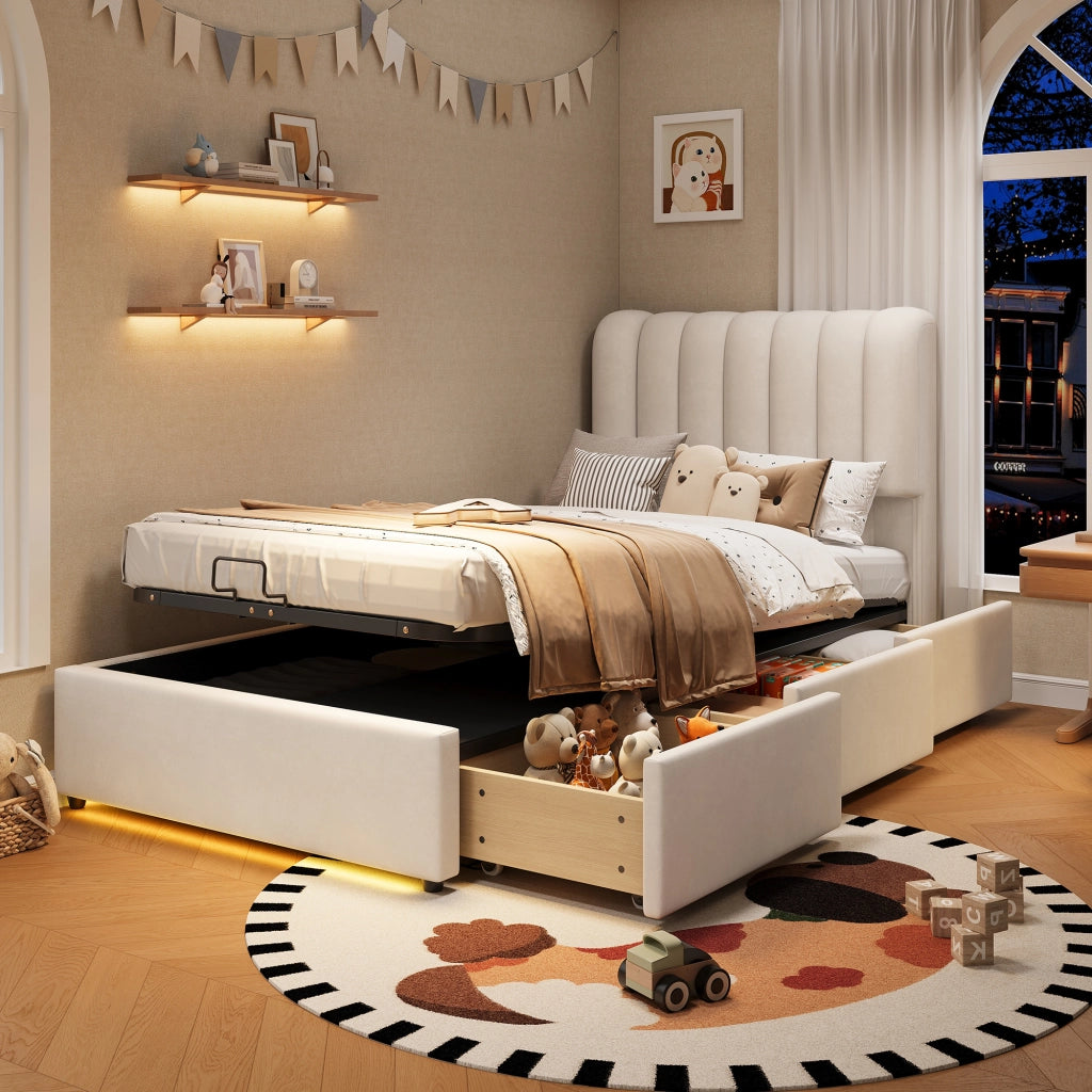 Letto per bambini contenitore 90 × 200 cm con 3 cassetti, LED, senza materasso, in velluto, beige