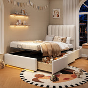 Letto per bambini contenitore 90 × 200 cm con 3 cassetti, LED, senza materasso, in velluto, beige