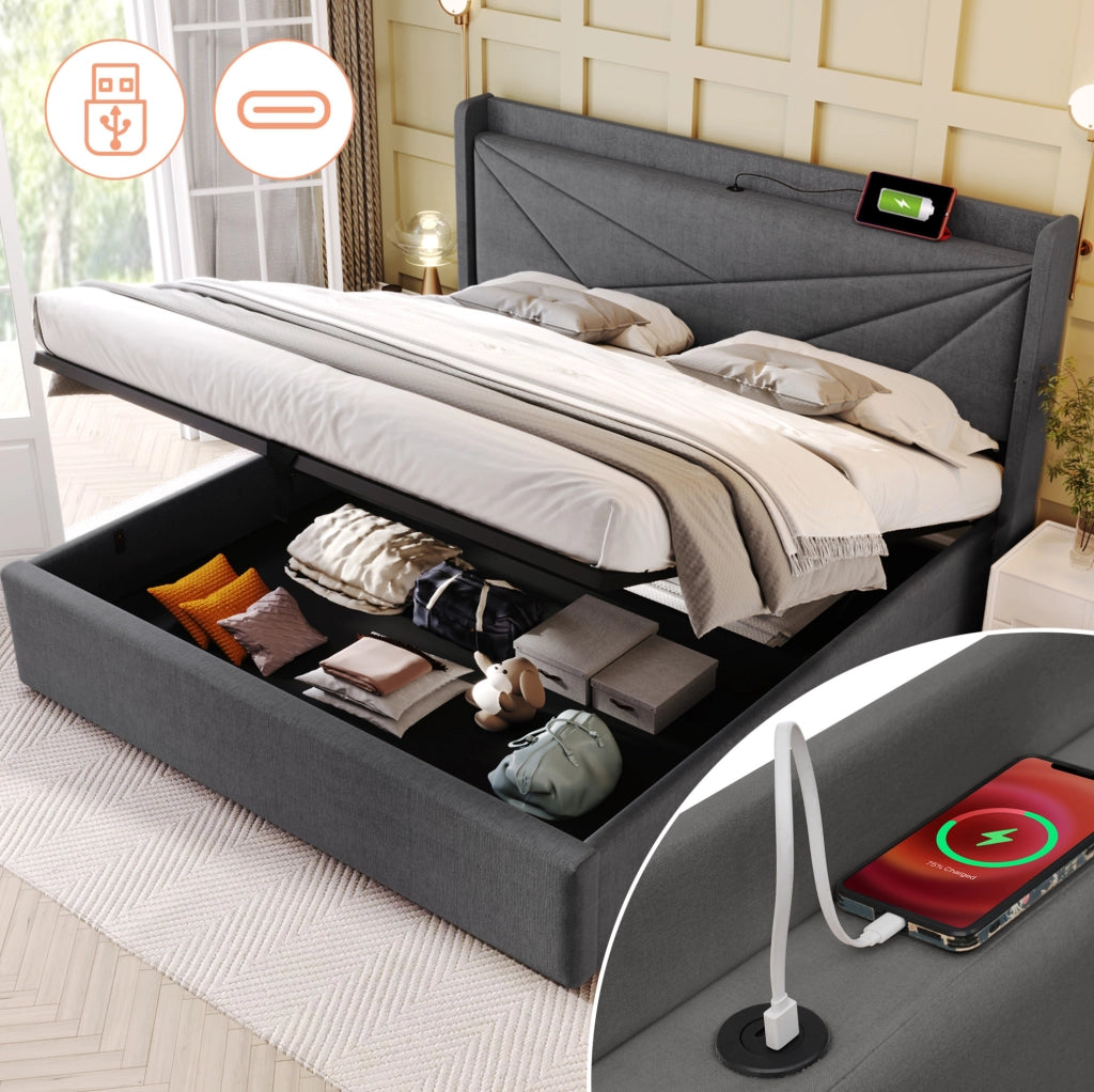 Letto matrimoniale 140x200 con contenitore, USB-C, rete e materasso H3 grigio