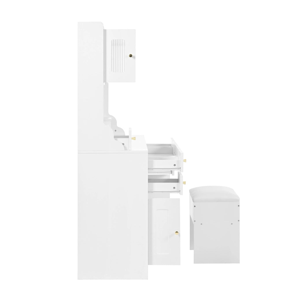 Toeletta con 6 cassetti e 4 ante; specchio LED - per camera da letto - bianco