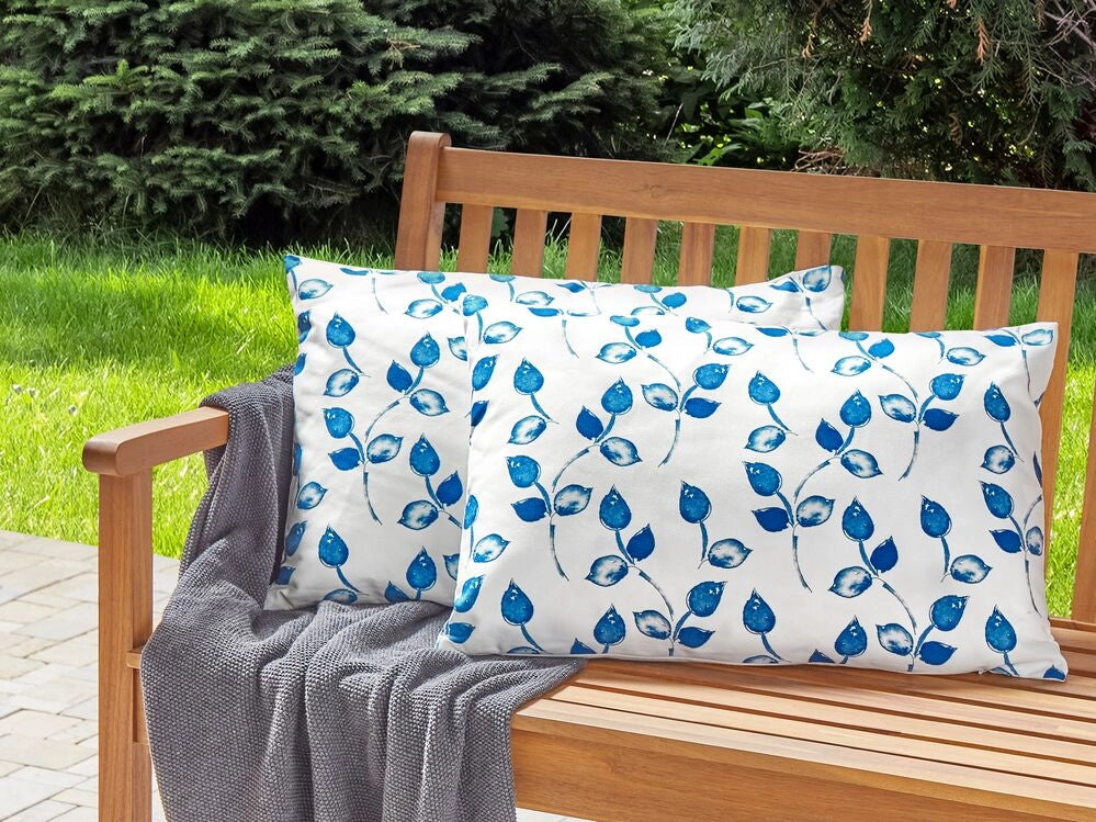 Set di 2 cuscini da giardino con federa in tessuto bianco e blu con motivo con foglie 40 x 60 cm esterno terrazzo fodere impermeabili