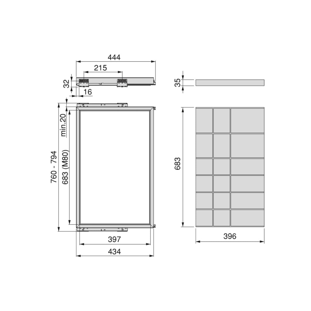 Kit Cassetto Organizzatore e Telaio per Armadio 800 mm in Alluminio e Plastica Emuca Grigio Pietra