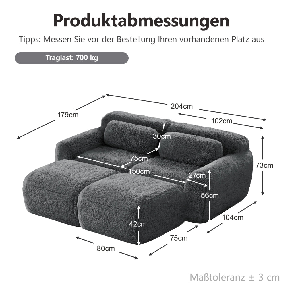 Divano Modulare 2 Posti con 2 Pouf, Convertibile, senza Montaggio, Base Antiscivolo, in Peluche Grigio