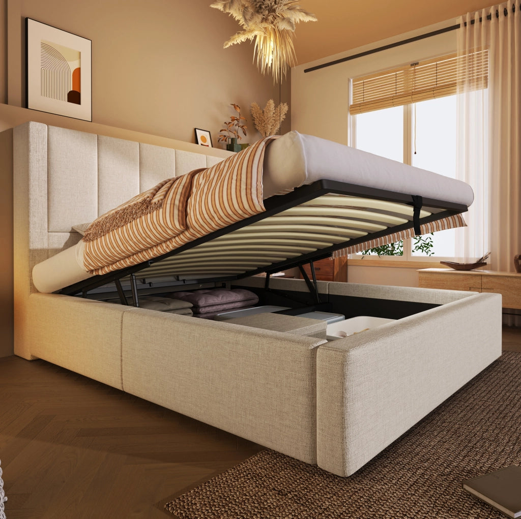 Letto imbottito 90x200 cm con portabicchiere pieghevole e stazione di ricarica; beige