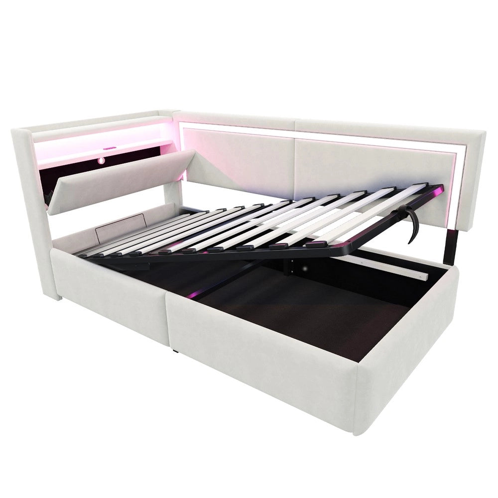 Letto Imbottito Contenitore con LED ¨C Xylo ¨C Velluto Beige 90x200