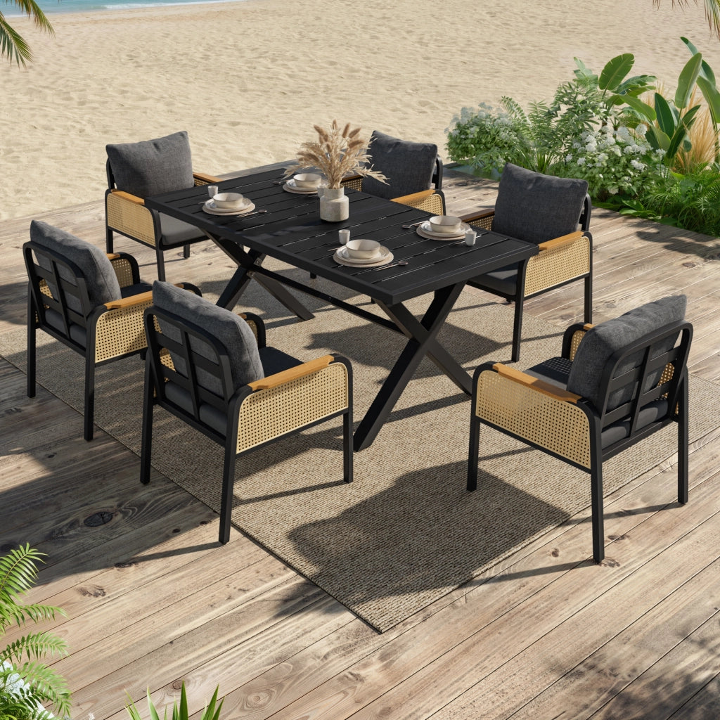 Set da pranzo da giardino per 6 persone con tavolo 148x80x75 cm e sedie in nero e naturale