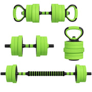Set di manubri 4 in 1 da 20 kg con manubri regolabili, bilanciere, kettlebell e maniglie per flessioni, colore verde.