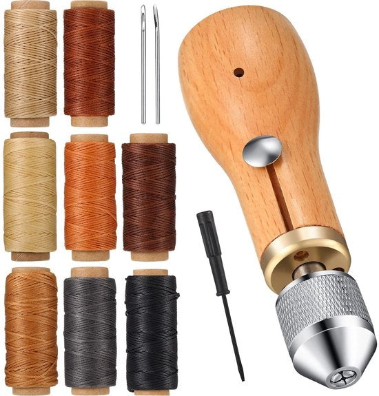 Set di 12 punte da cucire in pelle - cucito a mano - aghi retti e curvi - 8 bobine di filo sigillato - chiave inglese - artigianato di pelle DIY