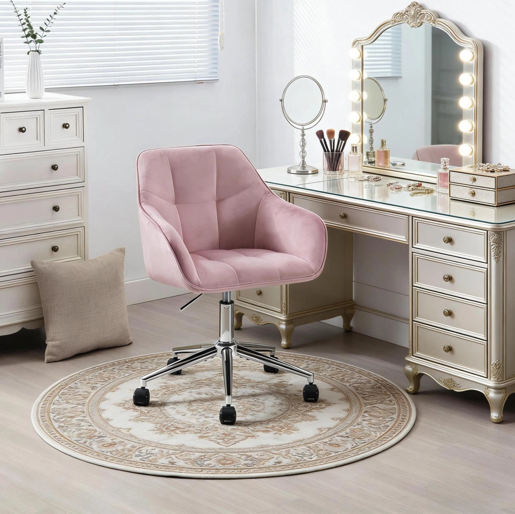 Sedia da ufficio ergonomica rosa in velluto con ruote