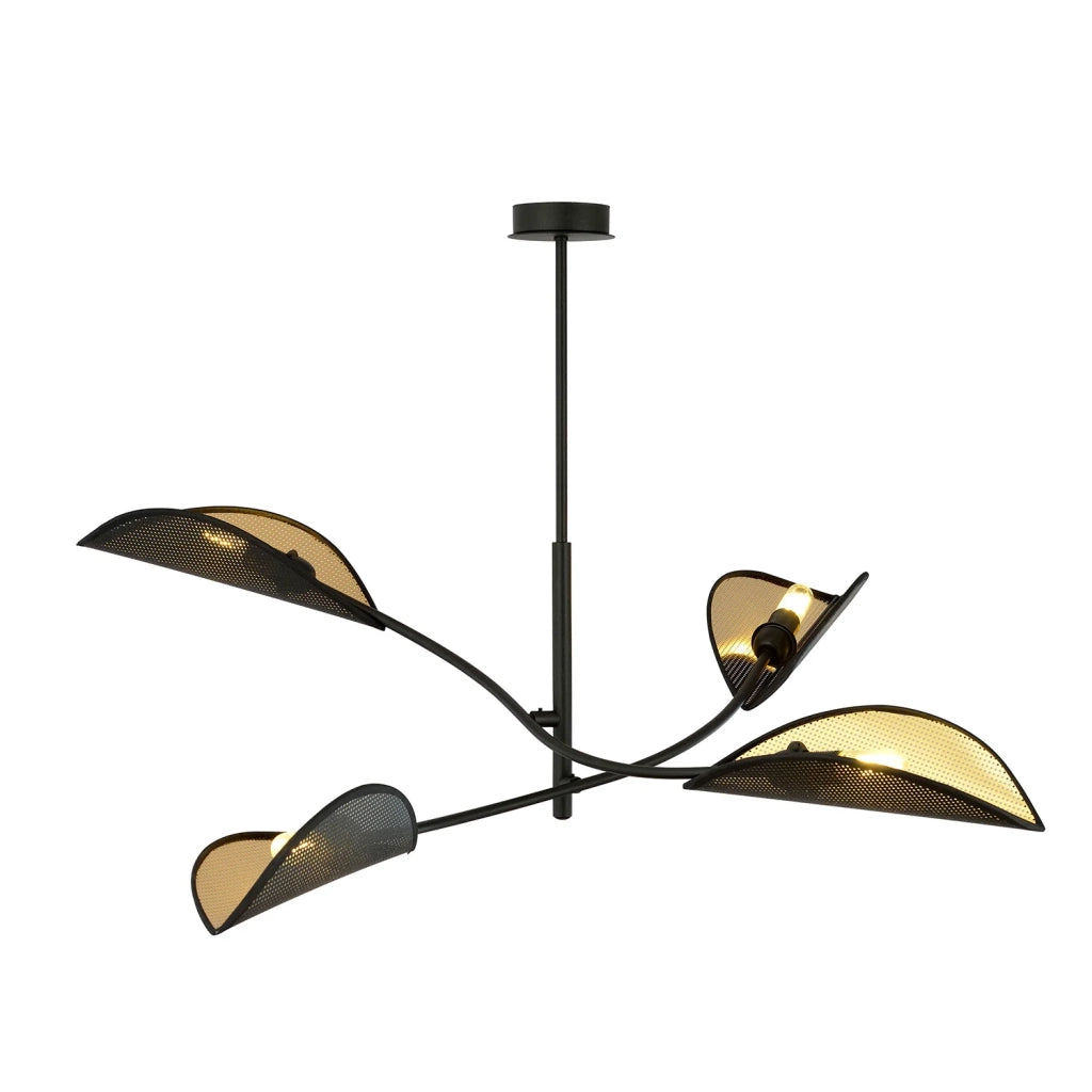 Sospensione Nordica 4 Luci Ares In Acciaio Nero Oro Bracci Regolabili