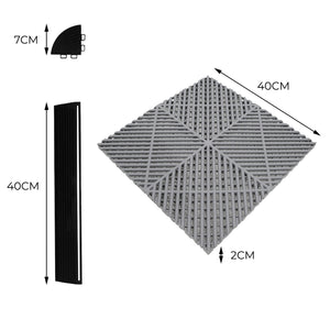 Luci LED Esagonali x 2 & Piastrelle Ventilate per Pavimento Garage x 225 con Bordi - Grigio