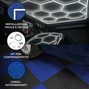 Luci LED Esagonali x 2 & Piastrelle Ventilate per Pavimento Garage con Bordi - 120 Nere & 120 Blu