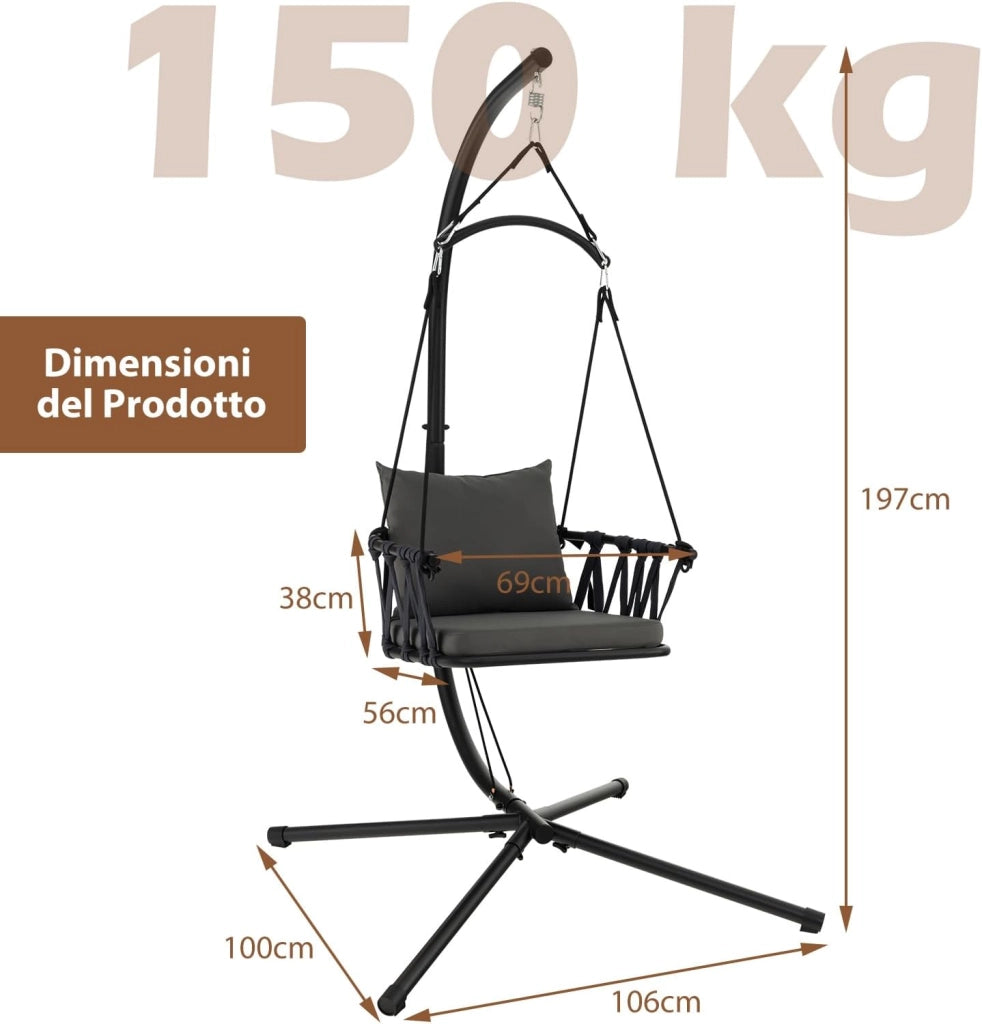 Sedia Sospesa Pieghevole con Supporto, Poltrona Sospesa Corda con Cuscini per Seduta e Schienale, Telaio in Metallo, Sedia Amaca per Interno, Esterno, Balcone e Giardino, Portata 150 kg