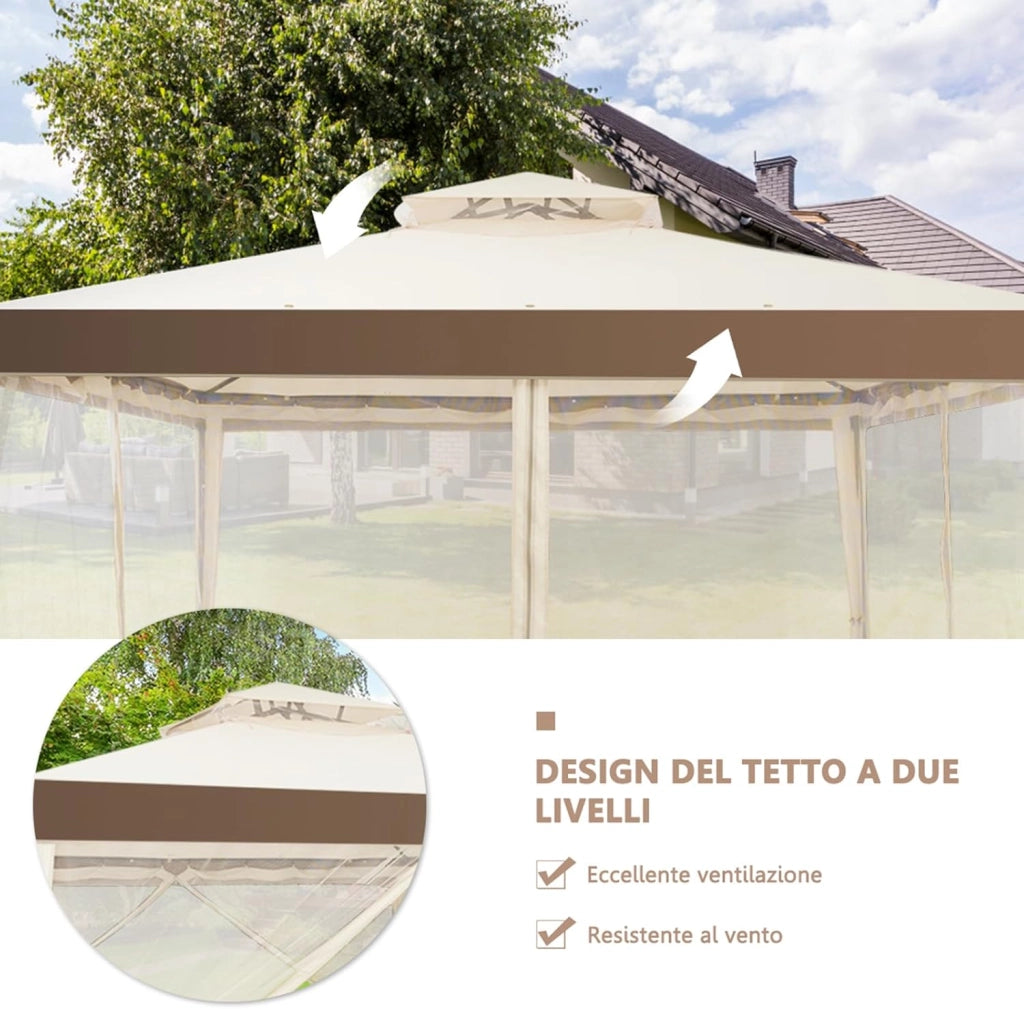 Gazebo da Giardino con Zanzariera 3 x 3 m, Struttura in Acciaio e 4 Tendine Poliestere Laterali (Beige)