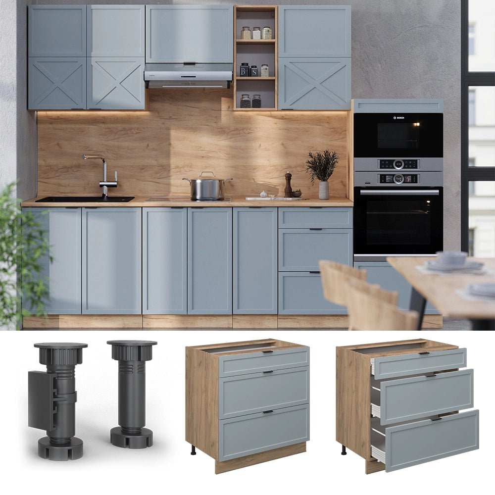 Vicco Mobiletto base per cucina Blu-grigio chiaro 80 cm con 3 cassetti, PL Marmo