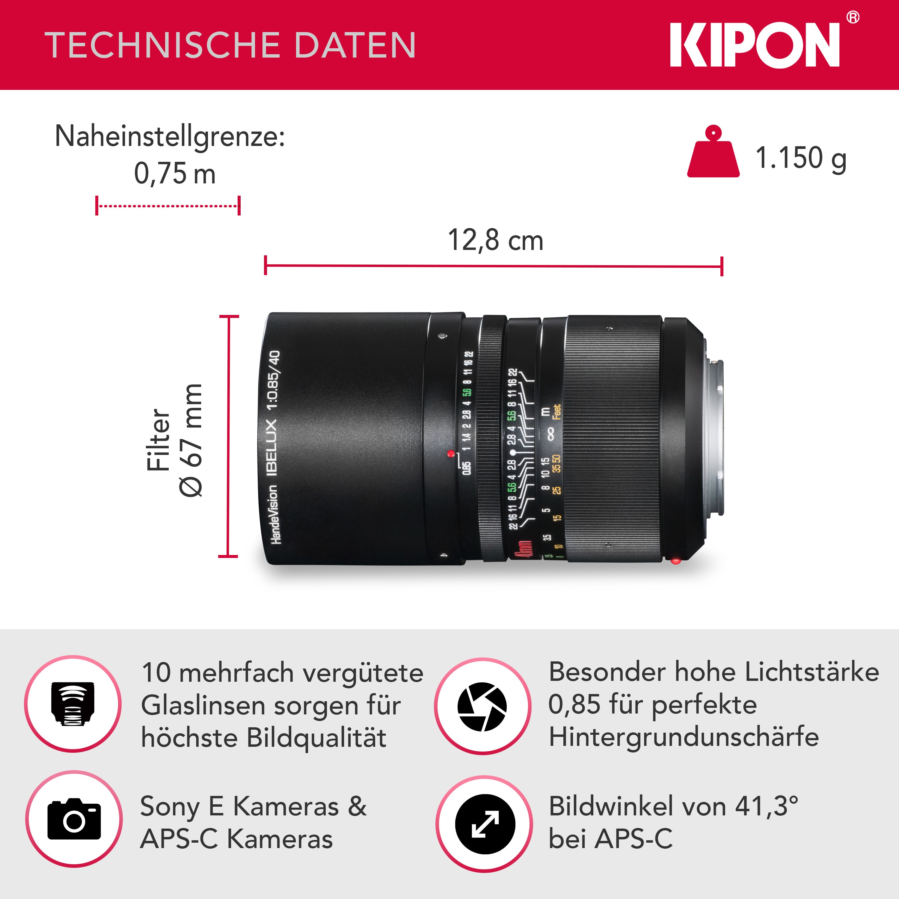 Handevision Obiettivo serie Ibelux 40 mm f/0,85 APS-C - compatibile con Sony E - estremamente veloce, ideale per ritratti e scarsa illuminazione, corpo in metallo, paraluce integrato - nero