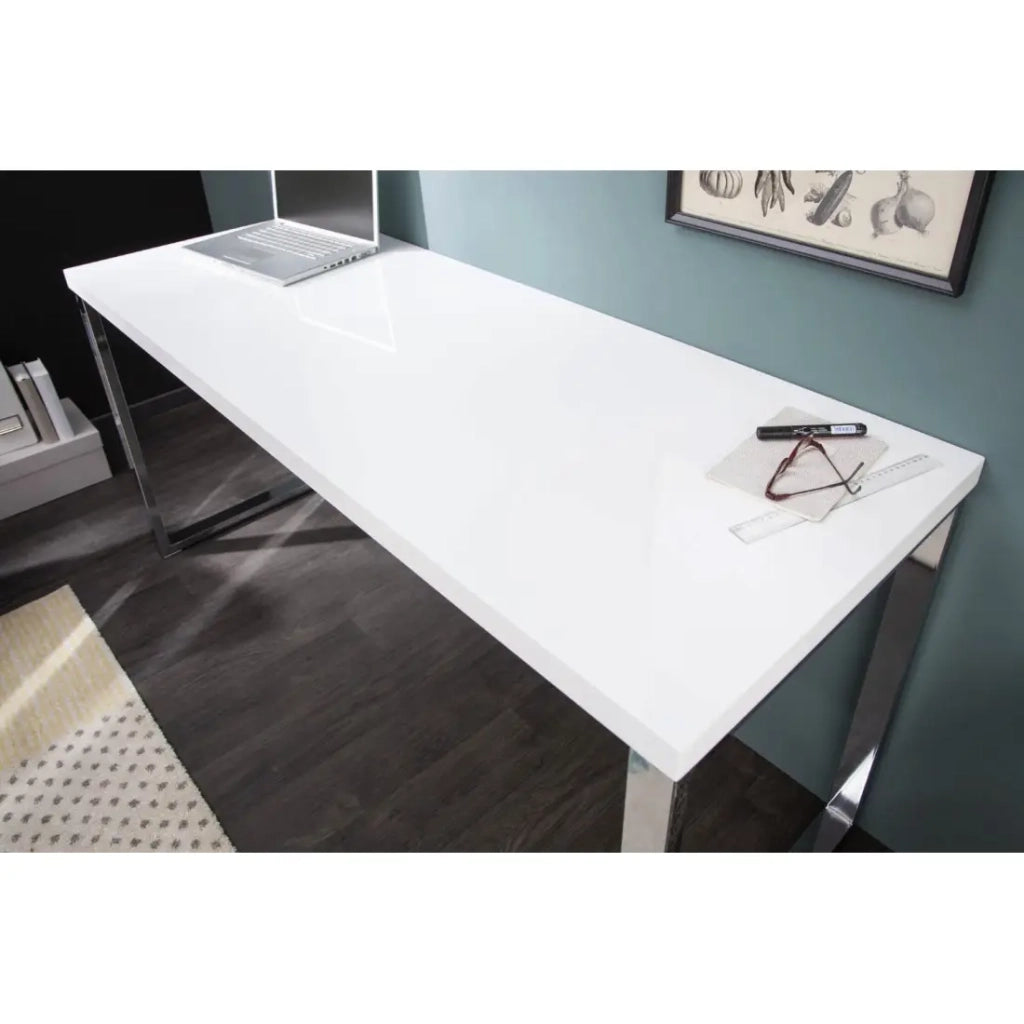 Scrivania design MONZA 160x60 cm bianco lucido con piedi cromati argentati