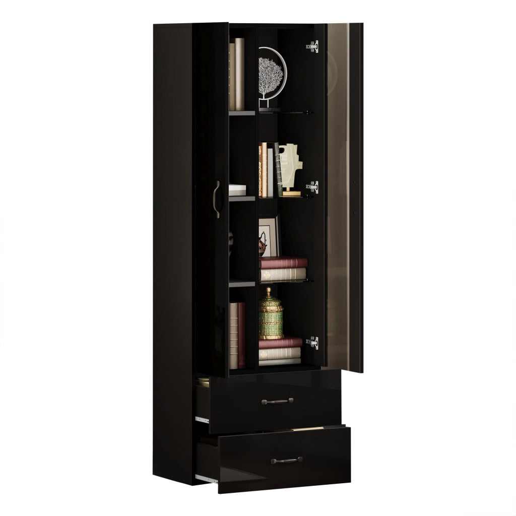 Vetrina a colonna con LED USB; 2 ante e 2 cassetti; 59;5x35x182 cm nera