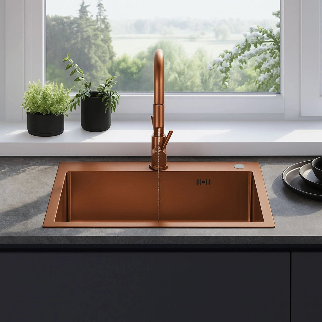 Lavello In Acciaio Liam Brush Copper con rubinetto da cucina