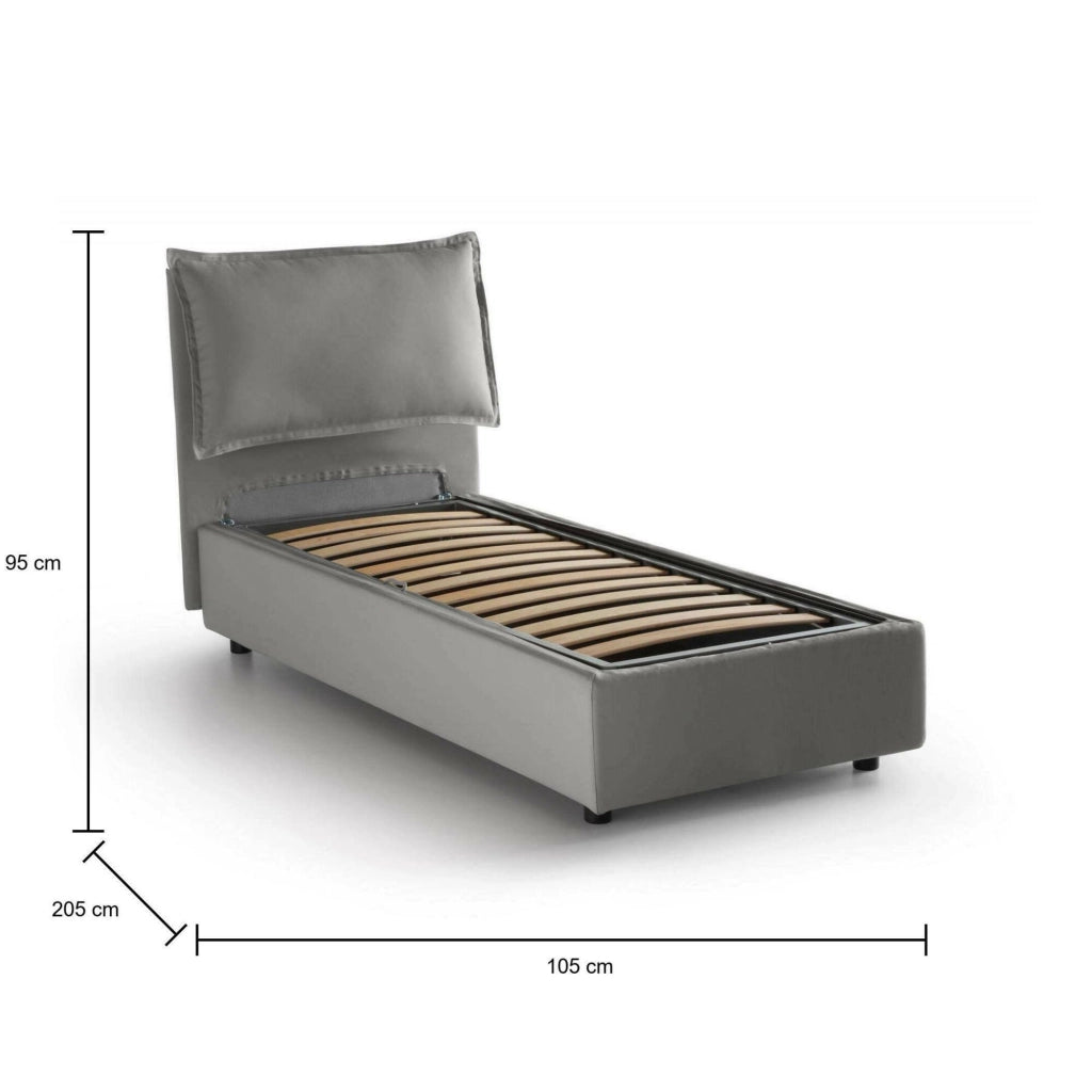 Letto singolo Aigor, Letto contenitore con rivestimento in tessuto, Made in Italy, Apertura frontale, adatto per materasso cm 90x190, Grigio