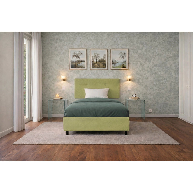Letto imbottito Singolo 80x200 cm Button - Contenitore,Microfibra,Tè verde