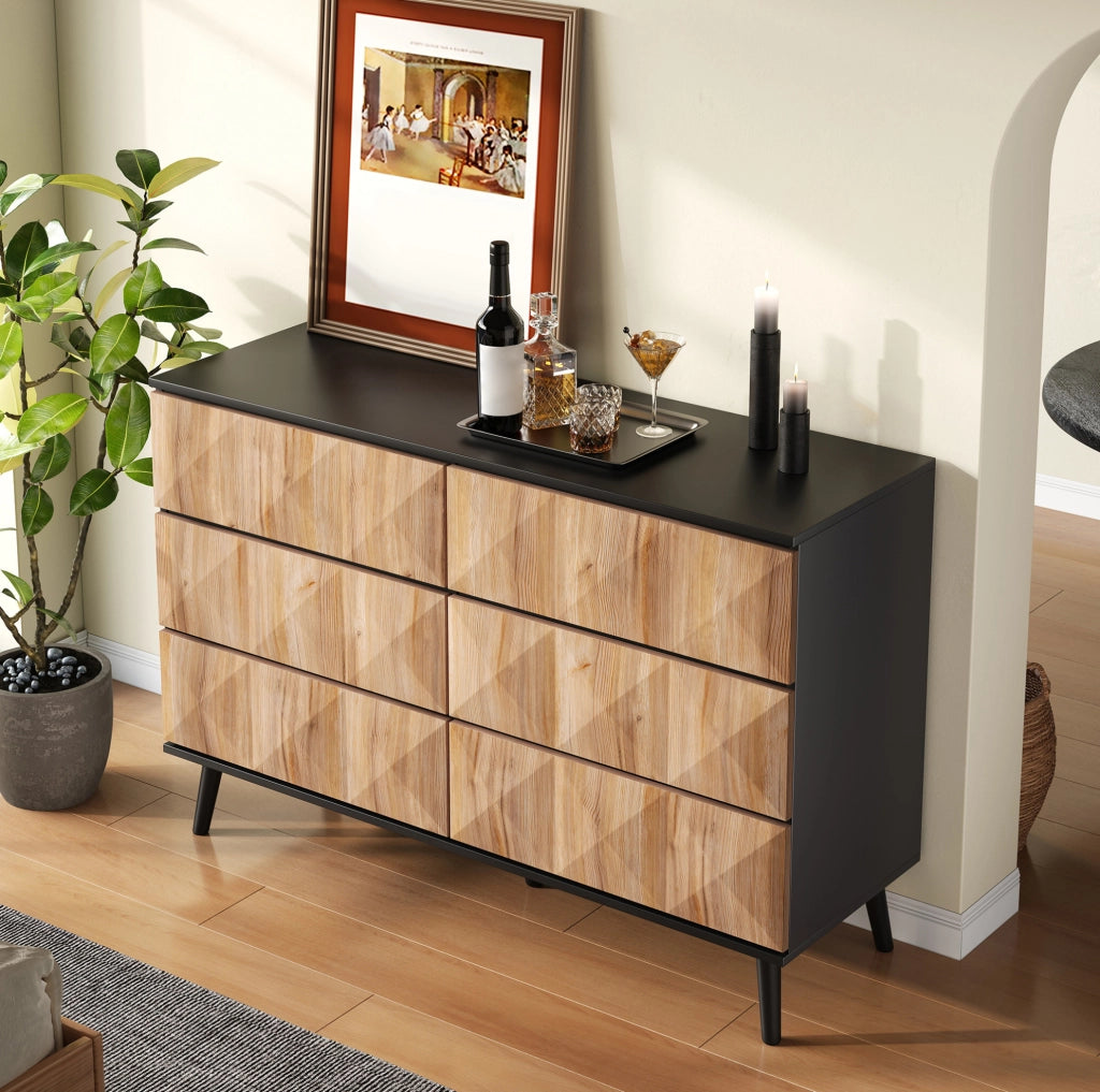 Sideboard moderno 120x40x85 cm con 6 cassetti; finitura naturale e nero; in MDF e truciolare