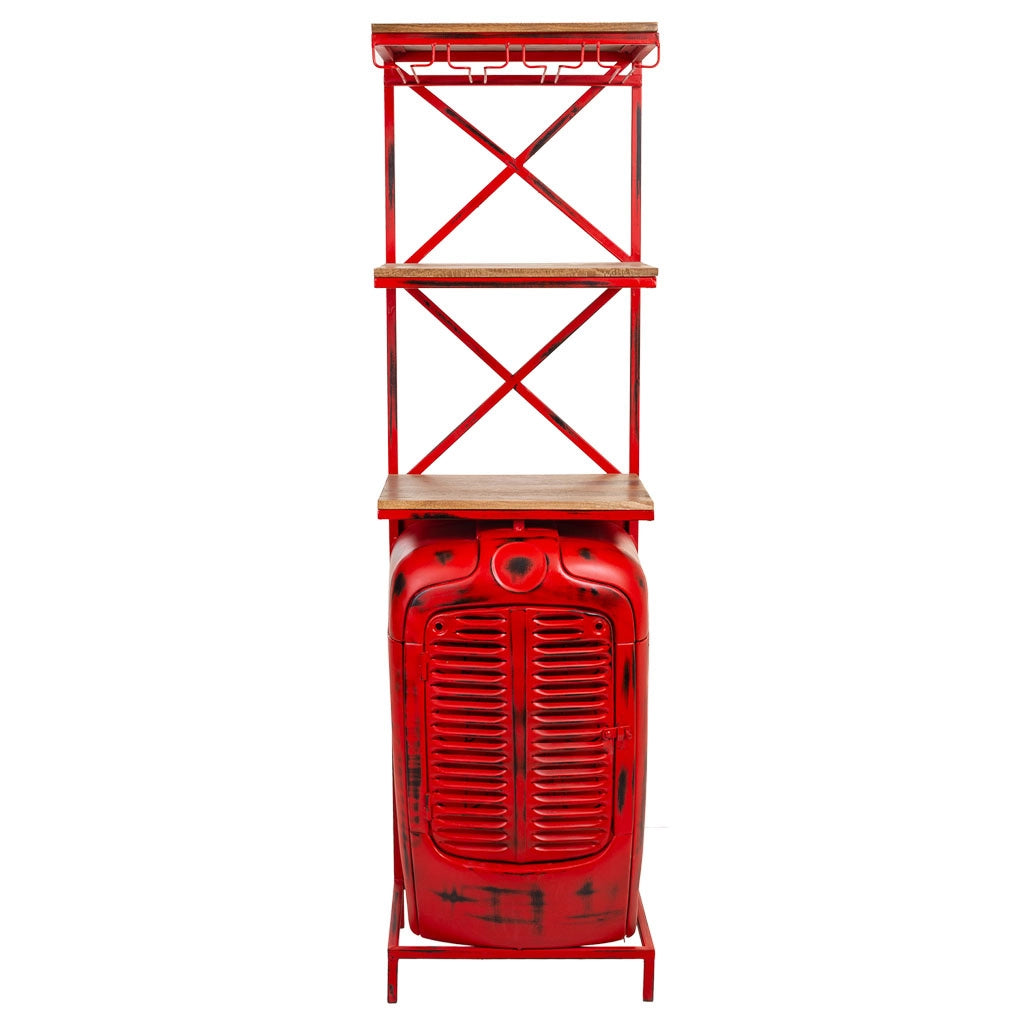 Portabottiglie trattore in legno e metallo rosso 84x40x185h