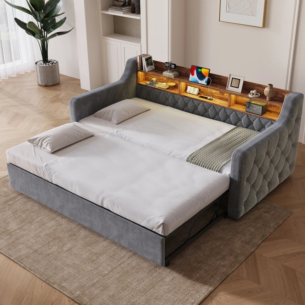 Letto divano estraibile 90 × 190 cm con contenitore, illuminazione LED, USB e Type-C, senza materasso, grigio scuro