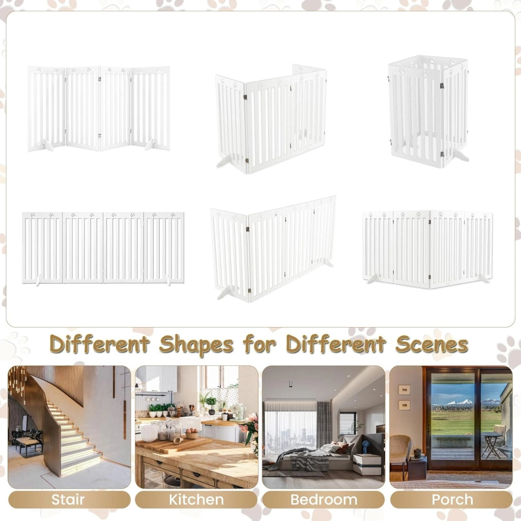 Cancelletto per Cani Pieghevoli 204 x 90 cm, Barriera per Cani in Legno a 4 Pannelli con Piedini Stabili, Recinzione per Scale, Ingressi e Corridoi (Bianco)