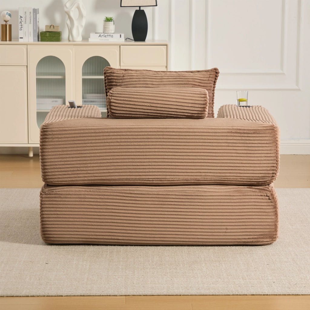 Divano letto modulare in cord con tasche laterali e portabicchieri - marrone - 122×98×80 cm