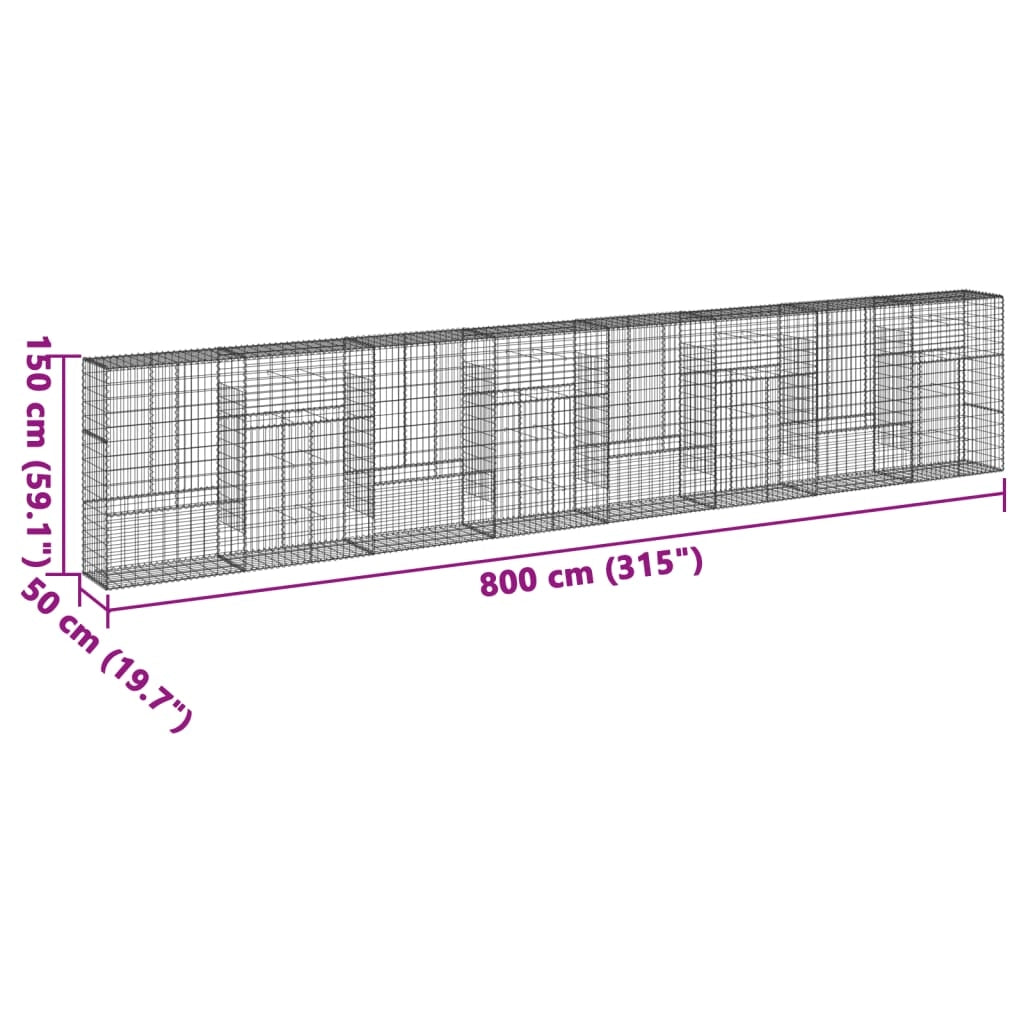Gabbione recinto a gabbia muro di contenimento con coperchio 800 x 50 x 150 cm ferro zincato argento 02_0040204