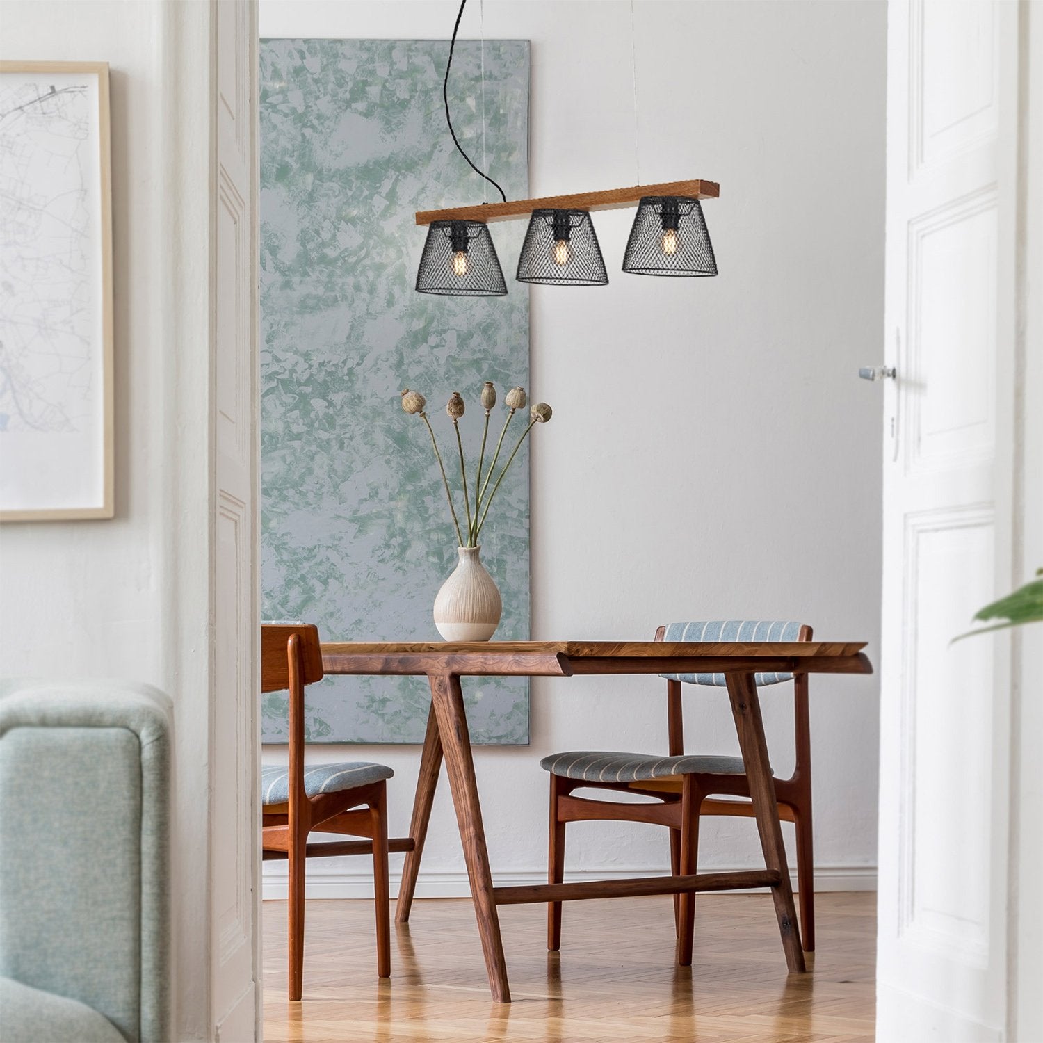 Lampadario A Sospensione Vintage Taunuds Metallo Legno Nero 3 Luci Luci E14