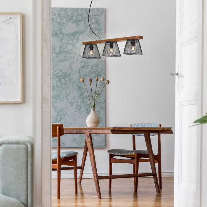 Lampadario A Sospensione Vintage Taunuds Metallo Legno Nero 3 Luci Luci E14