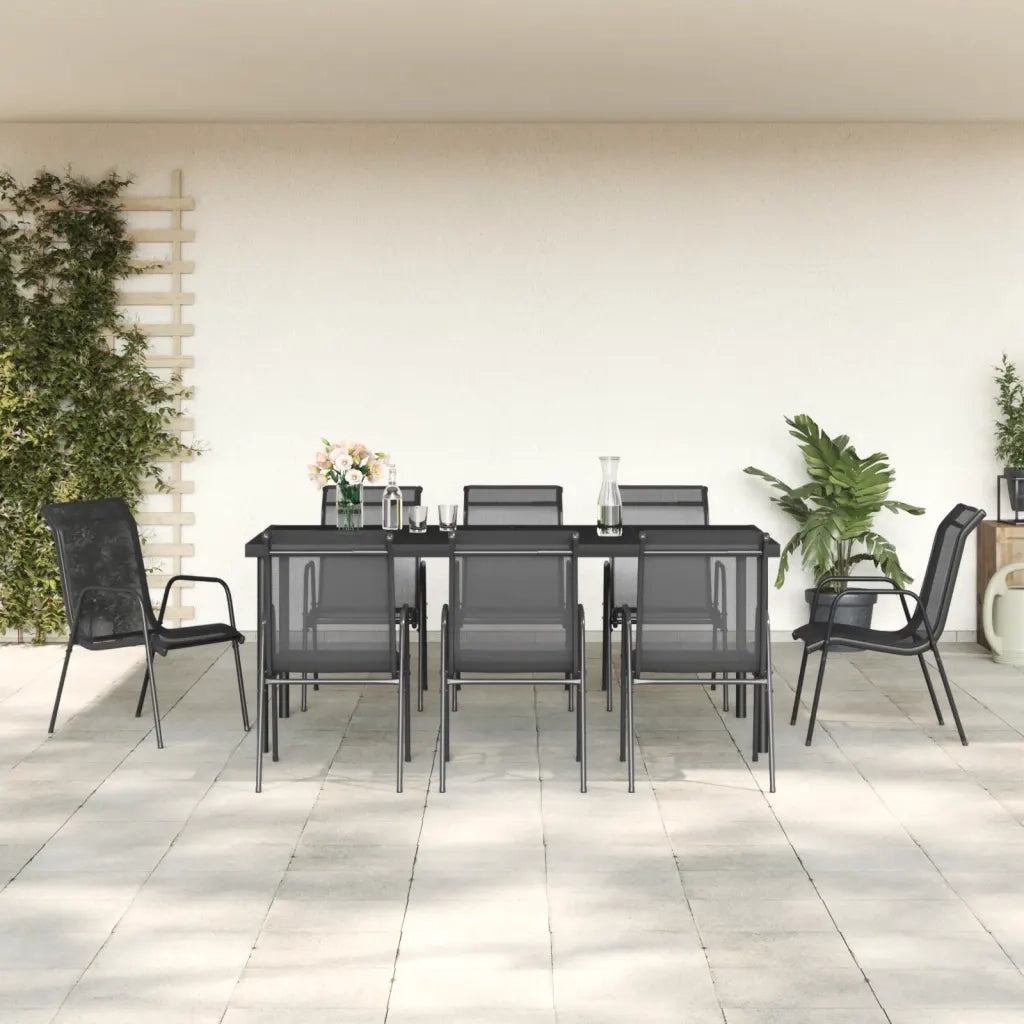 Set da Pranzo da Giardino 9 pz Nero in Acciaio e Textilene