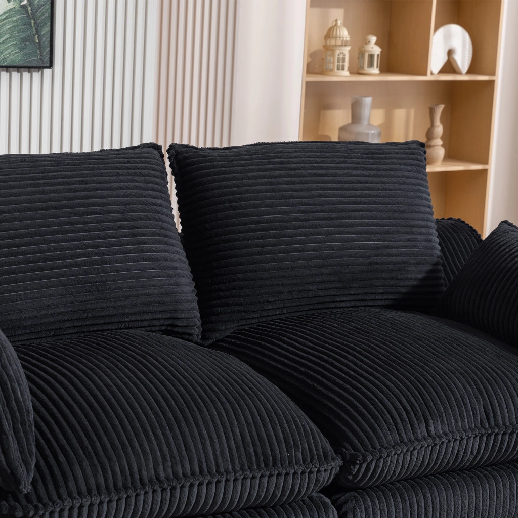 Divano 2 posti modulare in corduroy nero con tasche laterali, cuscini e struttura in schiuma a 3 strati con molle, 191×94×85 cm