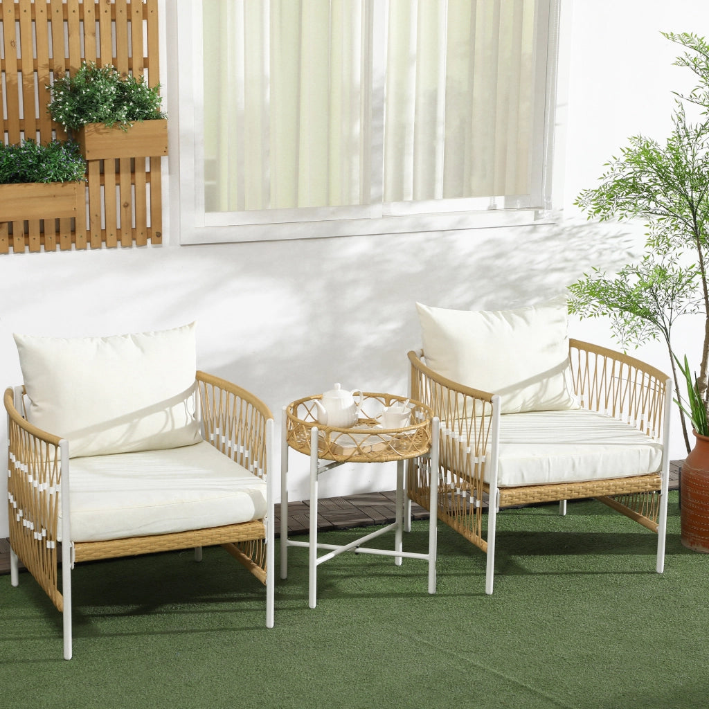 Set da Giardino Stile Boho in Rattan con 2 Sedie con Cuscini e Tavolino Rotondo. Giallo