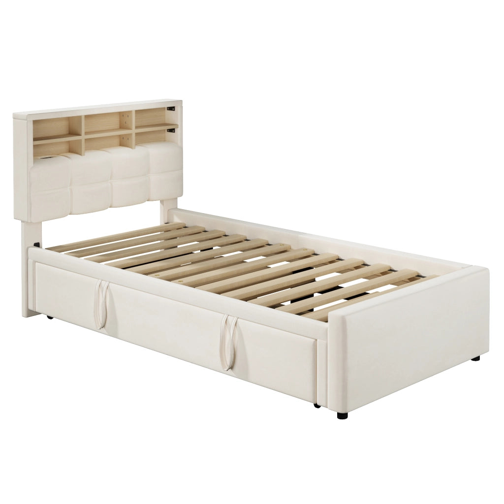 Letto singolo in velluto beige 90x200 cm con letto estraibile e prese USB
