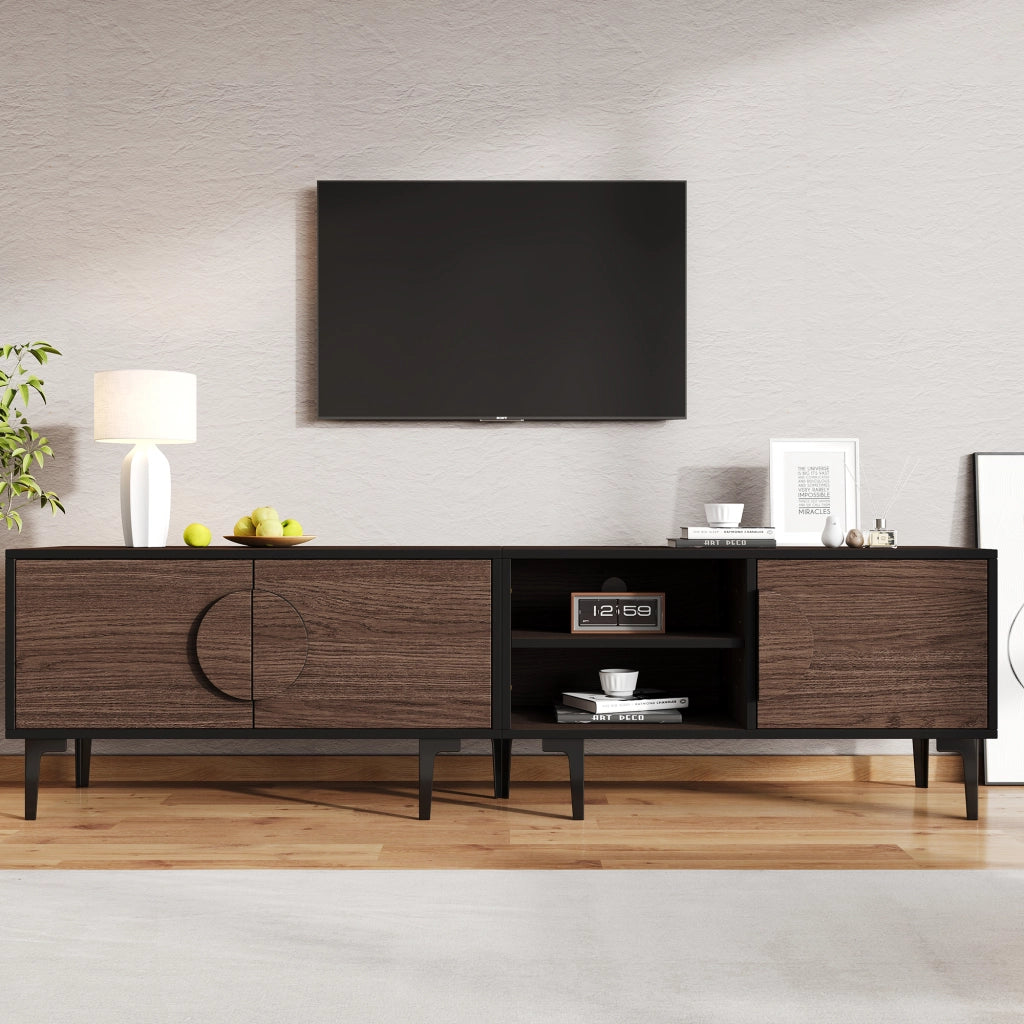 Mobile porta TV con 3 ante e 2 vani aperti per soggiorno in truciolato nero e noce scuro 180 × 35 × 49 cm