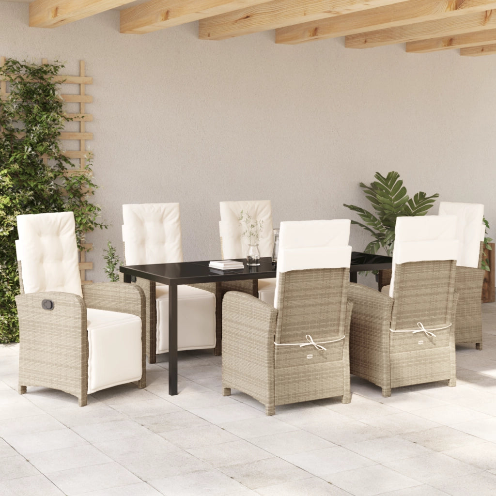 Set da Pranzo da Giardino in Rattan Poliestere Beige da 7 Pezzi con Cuscini